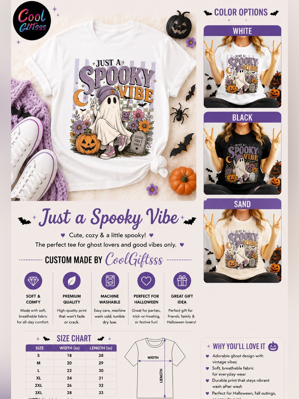 Just a Spooky Vibe Halloween Tee funny ghost, pumpkins and flowers New S M L XL